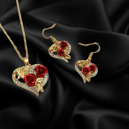 Red rose necklace w earrings